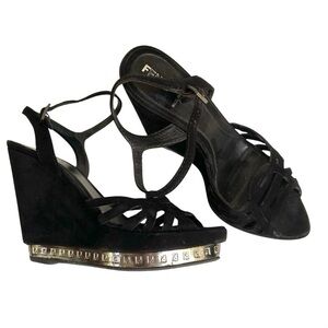 Fendi Authentic Logo Suede Wedge Sandals 37
